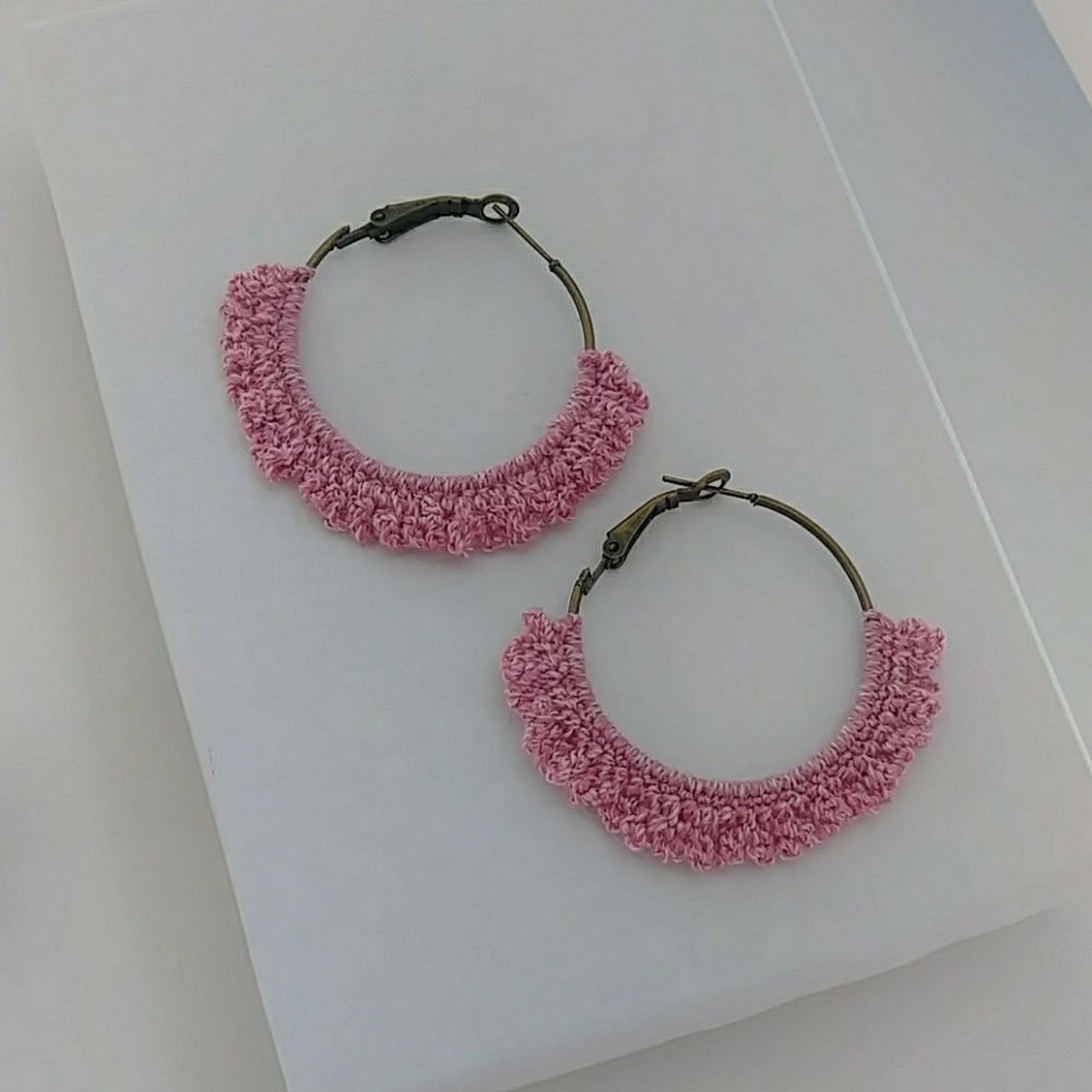 Small Pink Crochet Brass  Flower Earring
